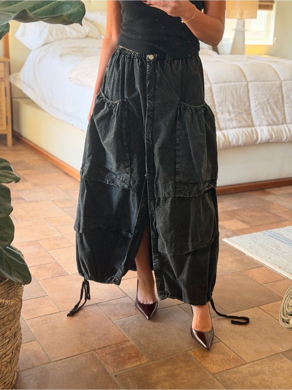 Free People Black Maxi Skirt with Cargo Pockets
